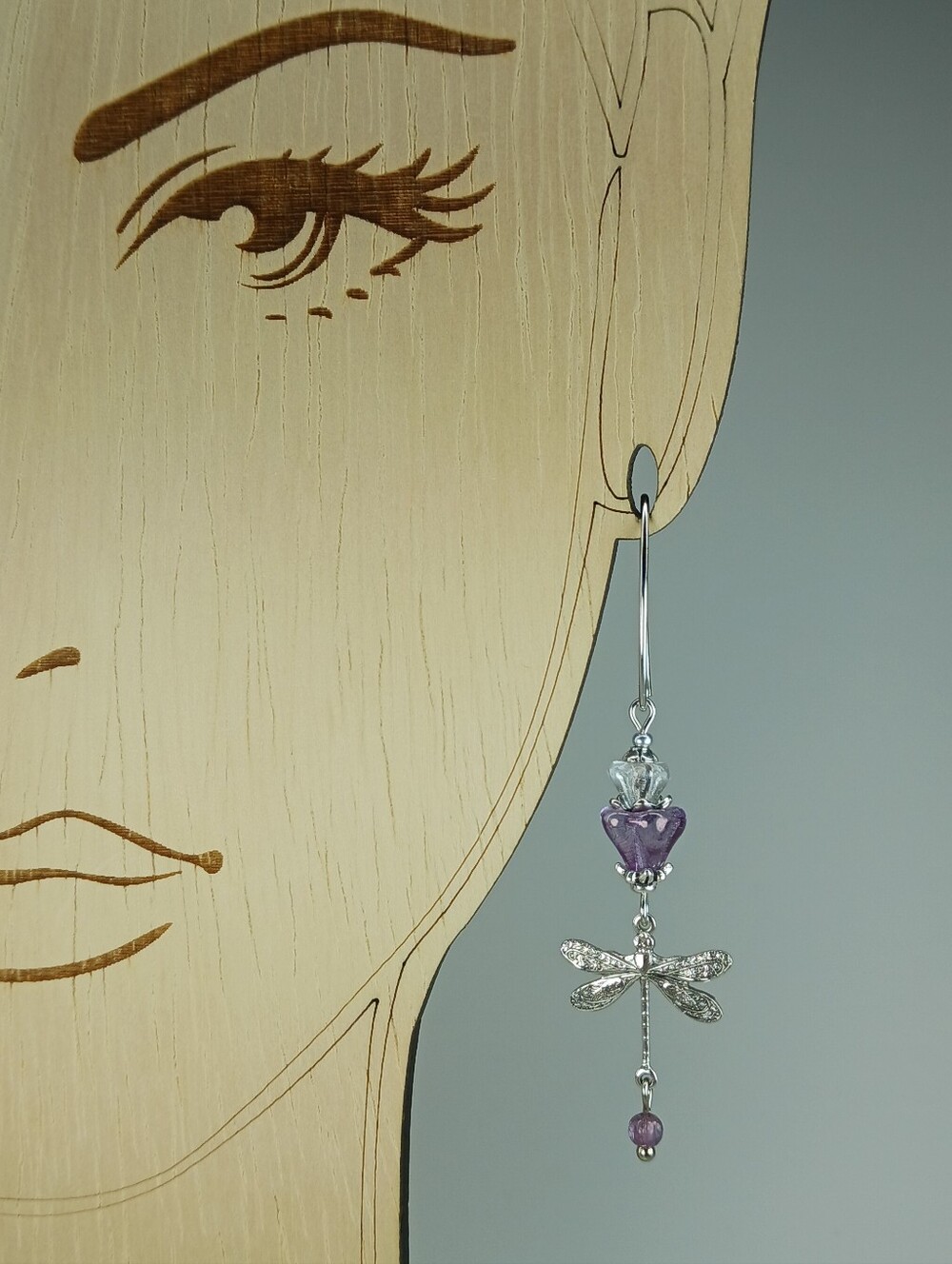 HAND CRAFTED Silver Dragonfly Earrings Purple Czech Glass Flower Fairycore Boho - Picture 4 of 5